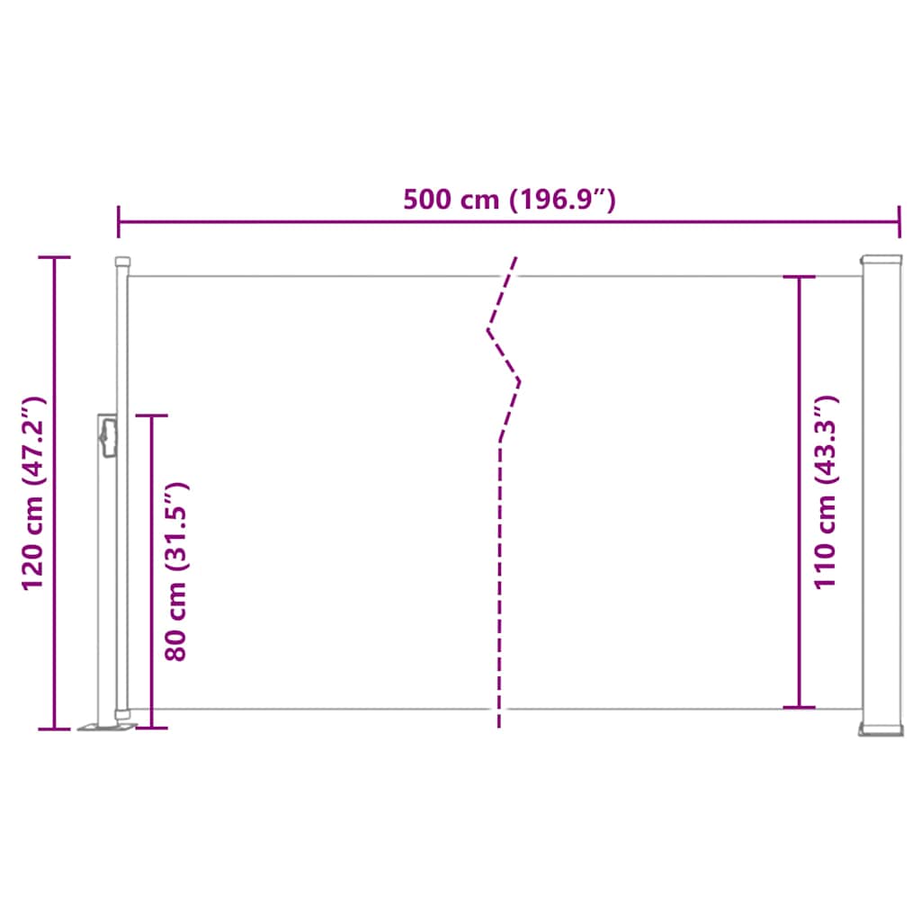 Zatahovací boční markýza/zástěna na terasu 120 x 500 cm šedá