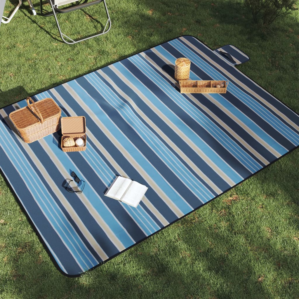Pikniková deka skládací modré a bílé pruhy 200 x 150 cm samet