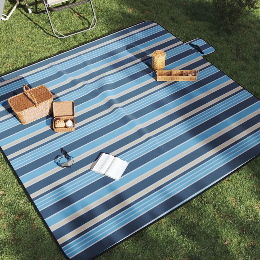 Pikniková deka skládací modré a bílé pruhy 200 x 200 cm samet