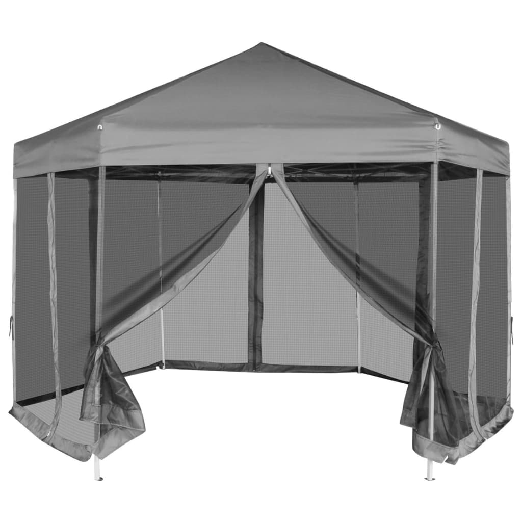 Šestiúhelníkový party stan s 6 stěnami šedý 3,6 x 3,1 m