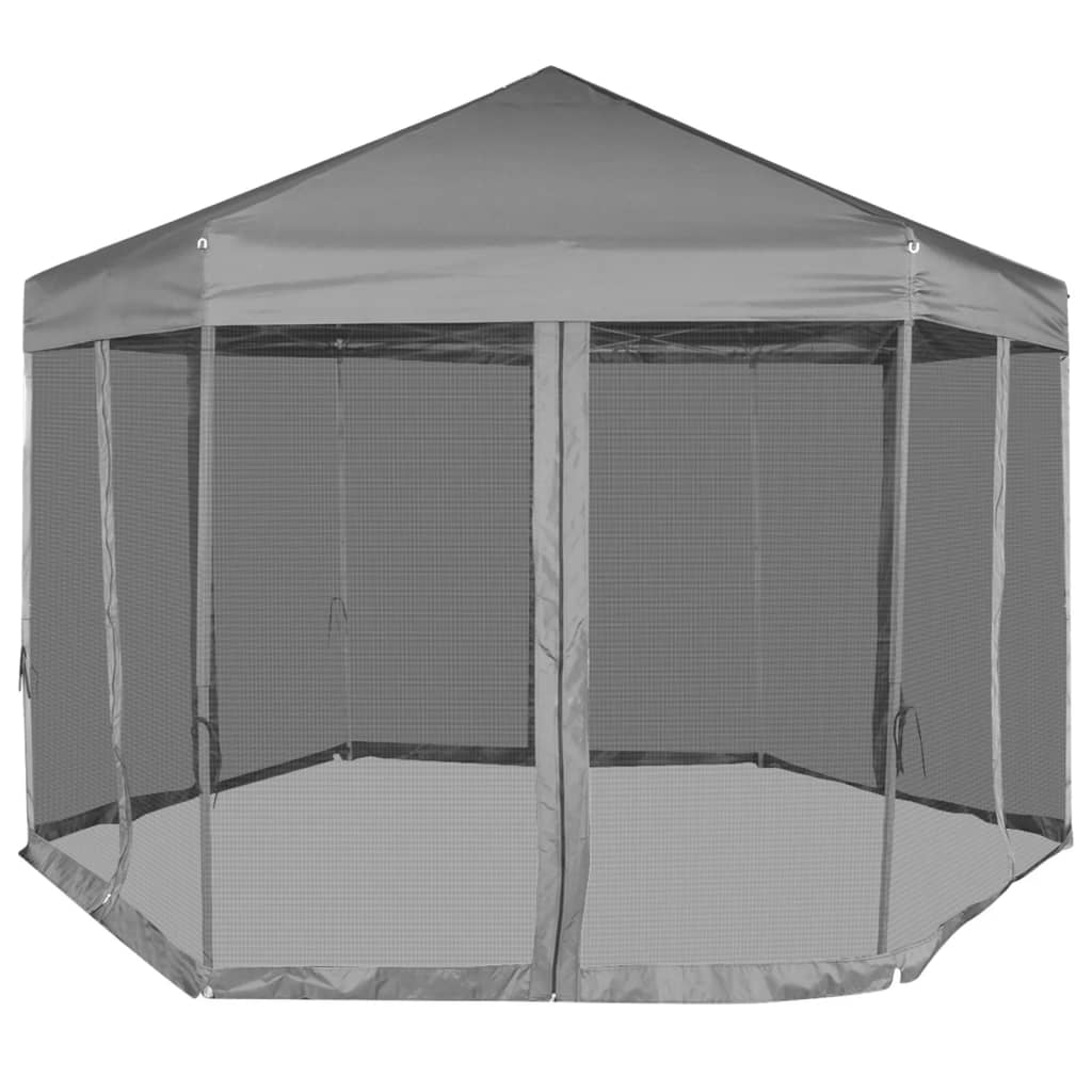 Šestiúhelníkový party stan s 6 stěnami šedý 3,6 x 3,1 m