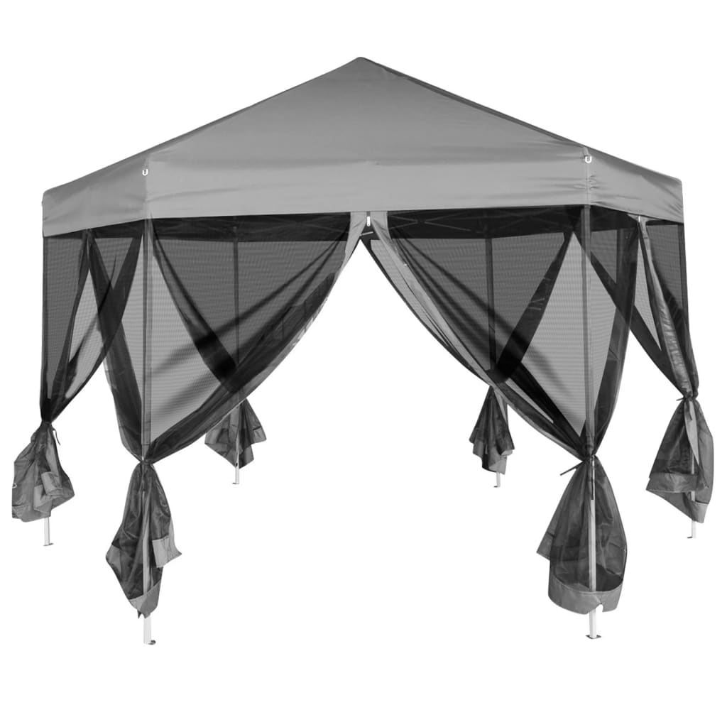 Šestiúhelníkový party stan s 6 stěnami šedý 3,6 x 3,1 m