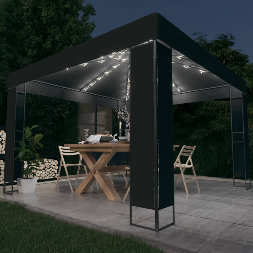 Altán dvojitá stříška a světelné LED řetězy 3 x 3 m antracitový