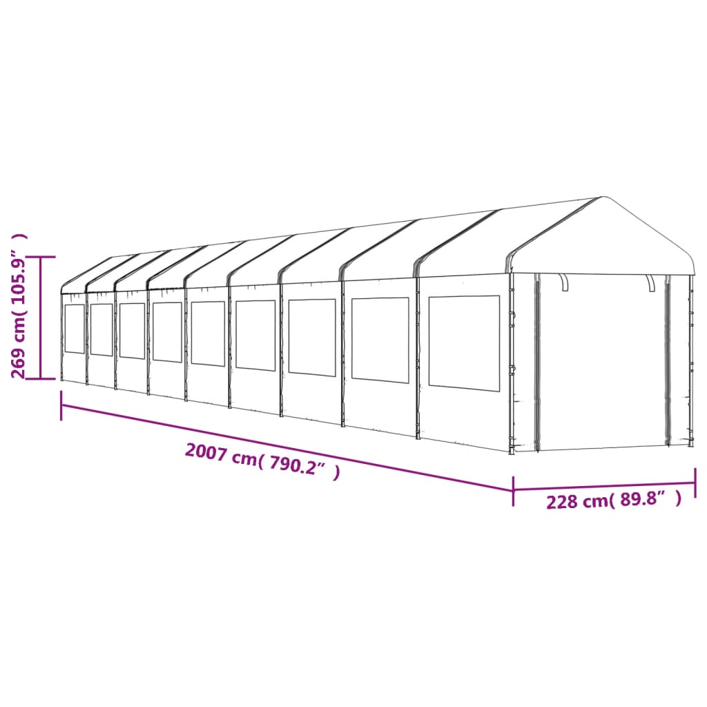 Altán se střechou bílý 20,07 x 2,28 x 2,69 m polyethylen