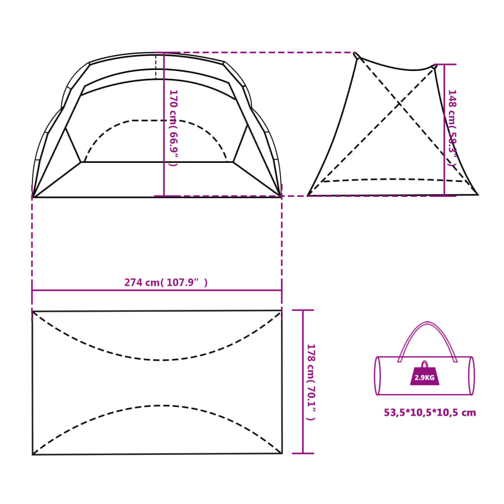 Plážový stan šedý 274 x 178 x 170/148 cm 185T polyester