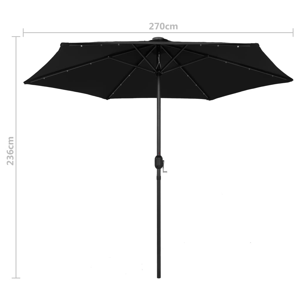 Slunečník s LED světly hliníková tyč 270 cm černý