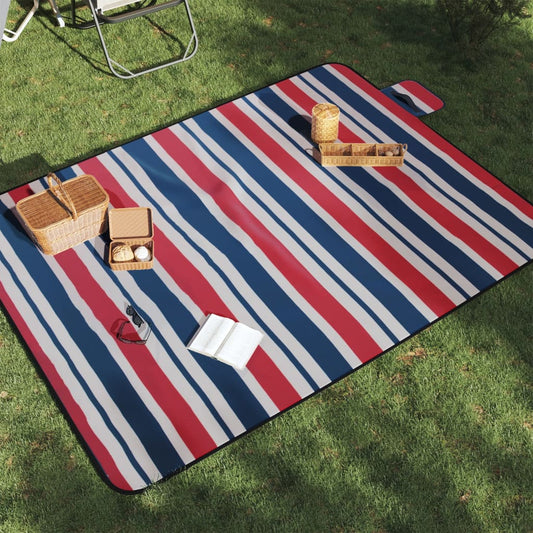 Pikniková deka skládací červené a modré pruhy 200x150 cm samet
