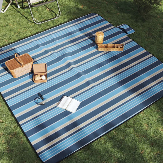 Pikniková deka skládací modré a bílé pruhy 200 x 200 cm samet