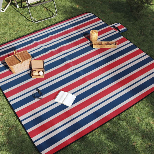 Pikniková deka skládací červené a modré pruhy 200x200 cm samet