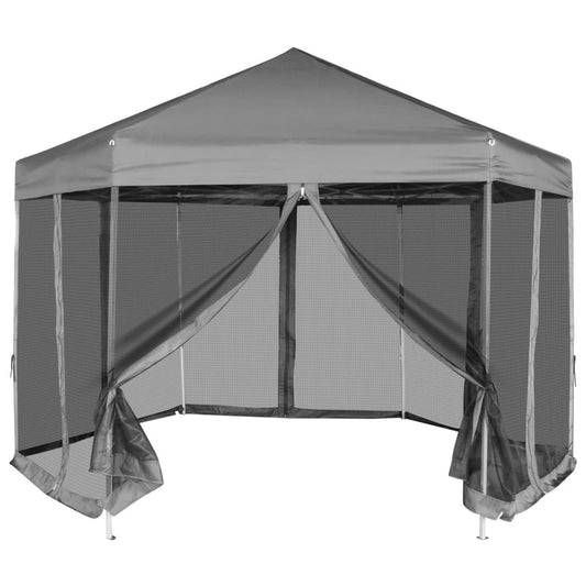 Šestiúhelníkový party stan s 6 stěnami šedý 3,6 x 3,1 m