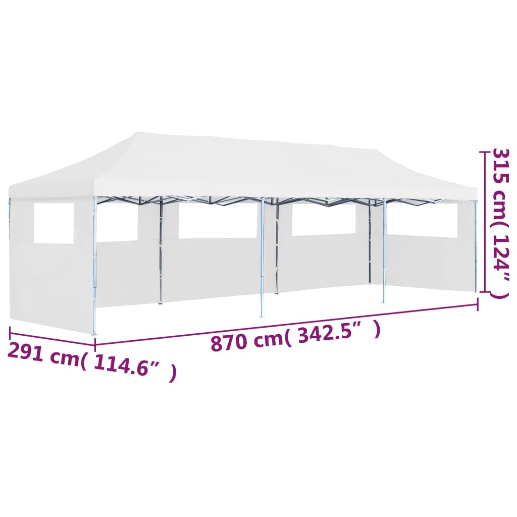 Skládací nůžkový stan s 5 bočními stěnami 3 x 9 m bílý