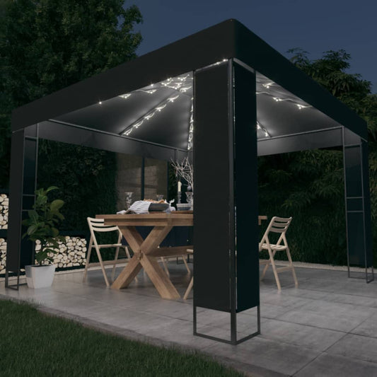 Altán dvojitá stříška a světelné LED řetězy 3 x 3 m antracitový